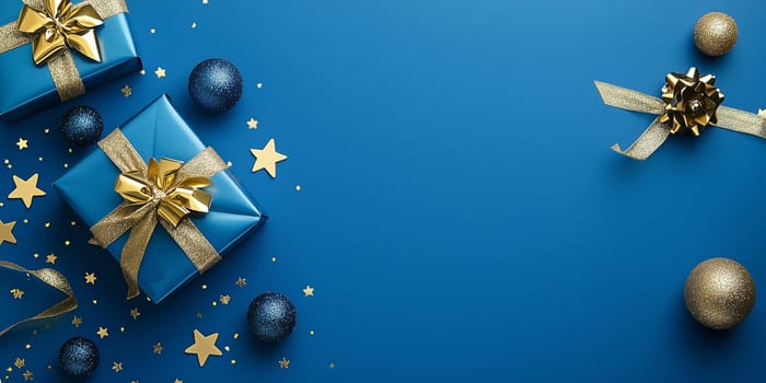 Christmas background card with blue gifts and copyspace copy space decoration panorama created with generative ai