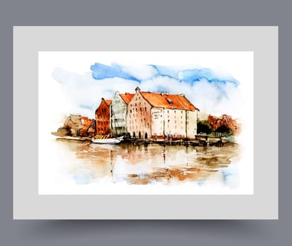Cityscape with pier near buildings on river bank in Polish city of Gdansk on wall art. Watercolor artwork. Print with pier under blue sky with old architecture, in frame with decor for poster