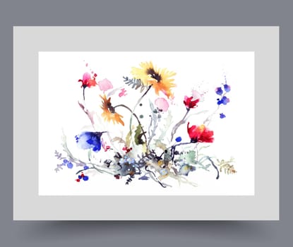 Summer flowers with colorful buds and petals grow on ground, on white background. Spring flowers and herbs on watercolor poster with wild flowers for preparing gift bouquet for girlfriend