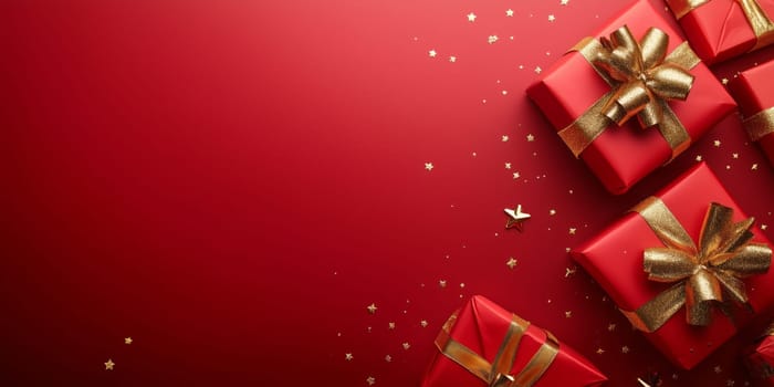 Christmas background card with red gifts and copyspace copy space decoration panorama created with generative ai