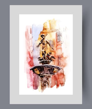 Neptune fountain in city of Gdansk in Poland, with man standing on column on wall art. Watercolor artwork. Print with architectural landmark in form of fountain, in frame with decor for poster