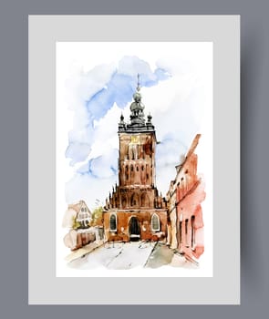 Cathedral under blue sky on street sunny Polish city of Gdansk on print. Watercolor poster. Artwork with cathedral on architectural landscape with religious landmark, in frame with decor for wall art