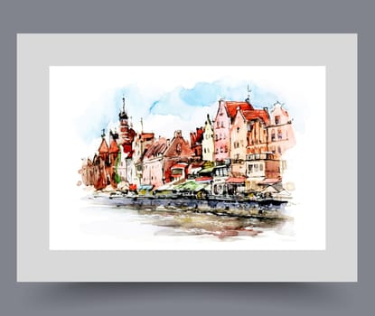 City pier with multi-storey old buildings on river bank in Polish Gdansk on wall art. Watercolor print. Artwork with city panorama with beautiful architecture, in frame with decor for poster