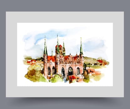 Gothic style building among trees in city of Gdansk in Poland on wall art. Watercolor artwork. Poster with large castle for tourist excursions under blue sky, in frame with decor for print