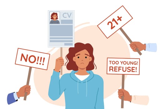 Age discrimination prevents young woman with CV from getting job, standing among hands with ageism posters. Problem of ageism in society violates rights of graduates without real career experience