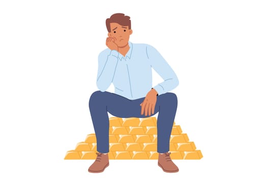 Rich man sits on gold bars and is sad due to lack of knowledge where to invest money. Investor guy keeps capital in real gold and is upset after fall in prices for precious metals.