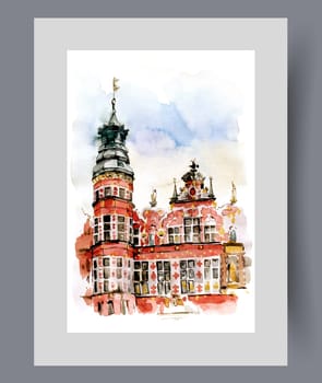 Old red building with tower with flag on top under blue sky on print. Watercolor poster. Artwork with architectural landmark and historically valuable building, in frame with decor for wall art