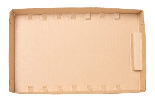 Empty brown corrugated cardboard box on isolated background, top view