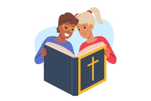 Childrens bible in hands of little boy and girl studying christian literature about catholic faith. Kids book bible with religious crucifix on cover, to explain gospel in accessible language