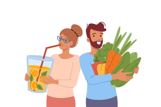 Vegan man and woman are passionate about raw food diet, and keep fresh juice or organic vegetables. Two vegans or vegetarians enjoying life and taste of healthy, fat-free ingredients
