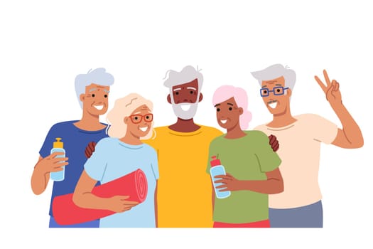 Elderly people with sports equipment for fitness or running and yoga outdoors, posing for group portrait. Active retirees go in for sports after retirement to maintain health and well-being