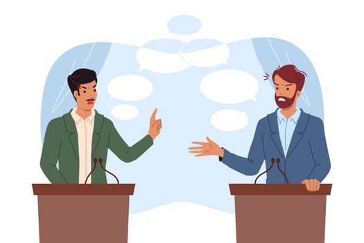 Political debate between two male candidates for senator or president standing behind podium. Political debate before adoption of socially important law on migration or environmental issues