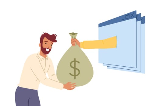 Man makes money on internet, and receives bag of dollars from hand sticking out of computer windows. Guy makes money from freelancing and online business thanks to good knowledge of technology