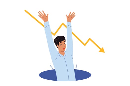 Man falls into crisis pit and raises hands up calling for help to avoid bankruptcy. Crisis graph near guy who was fired from job and suffering professional failures on way to success