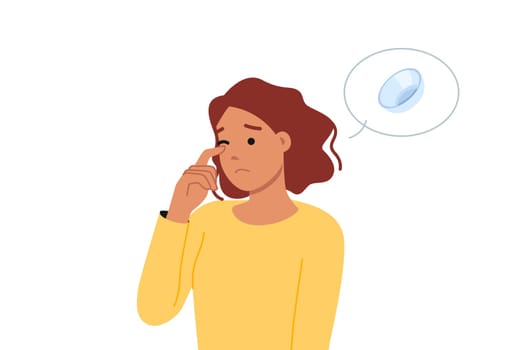 Woman uses contact lenses and feels discomfort due to dry eyes or allergy to ophthalmic fluid. Girl with contact lenses suffers and needs consult doctor to switch glasses for myopia