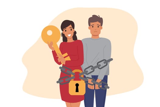Husband became hostage in marriage due to bad wife who chained loved one in order to preserve relationship. Problem of toxic relationship and lack of desire to continue family life together