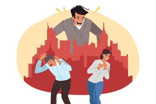 Angry and powerful boss scolds subordinates because of mistake and broken contract. Giant boss over small town and panicking employees who need union protection to avoid losing jobs.