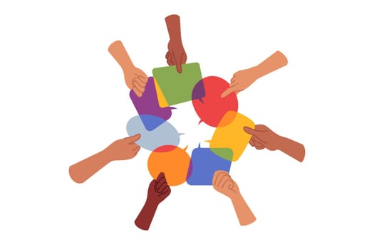 Exchange of opinions and discussion of important issues between people holding dialogue boxes in hands. Conversation bubbles as metaphor for exchange of opinions and collective feedback