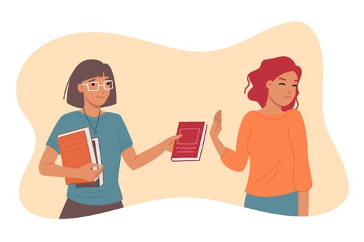 Woman student refuses to read book suggested by teacher to improve knowledge and prepare for exam. Girl does not want to read fiction due to lack of outlook and motivation for development