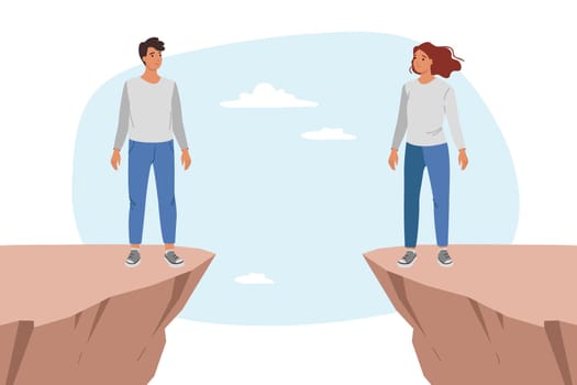 Love at distance between man and woman feeling stressed and standing on different rocks. Love at distance is demonstrated by young couple maintaining relationship during business trip or emigration
