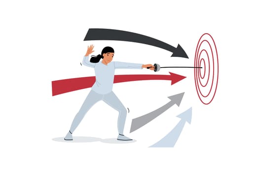 Purposeful woman hits target with rapier, demonstrating accuracy and skills in using edged weapons. Purposeful girl athlete preparing for competition to become winner at international olympiad