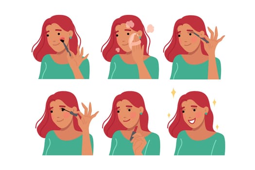 Woman does makeup step by step and takes care of facial skin before going on date with boyfriend. Girl does makeup wanting to look better and please handsome young man from college.