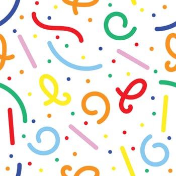 Vector Simple childish scribble backdrop. Colorful line doodle seamless pattern. Creative minimalist style art background for children or trendy design with basic shapes.