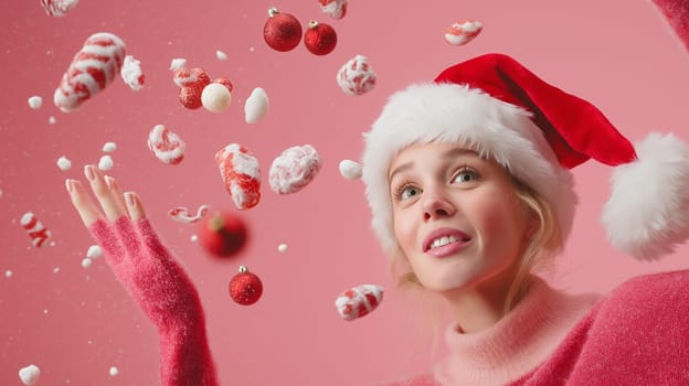 Cute little woman in red sweater and Santa Claus hat with candy canes on red background