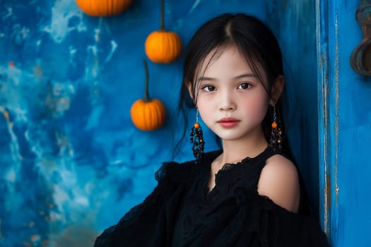 Girl with a pumpkin over the door. Concept of celebration, costumes, carnival, fear, fear and autumn.