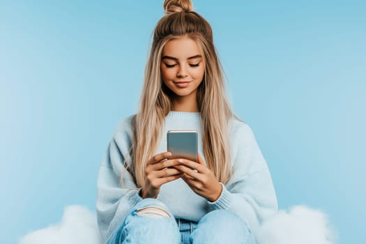 A woman is sitting on a cloud playing with her phone, with a city in the background. space for text