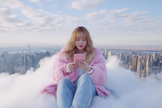 A woman is sitting on a cloud playing with her phone, with a city in the background. space for text