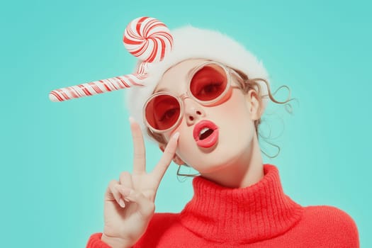 Cute little girl in red sweater and Santa Claus hat with candy canes on red background