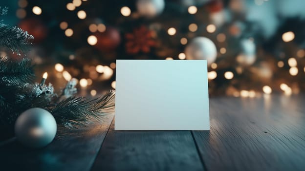 Christmas card mock up. Empty greeting card and christmas ornaments, decorations, confetti and pine branches on rustic wooden background. Flat lay. Space for text.