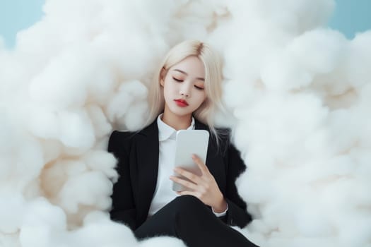 A woman is sitting on a cloud playing with her phone, with a city in the background. space for text