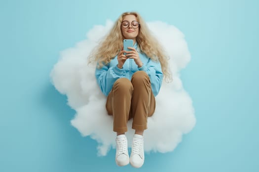 A woman is sitting on a cloud playing with her phone, with a city in the background. space for text