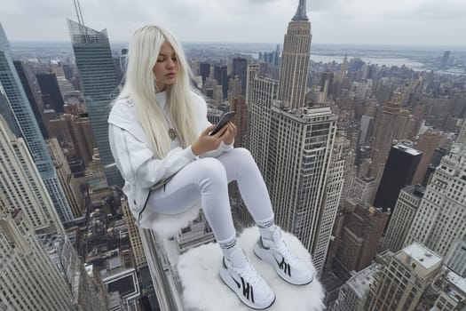 A woman is sitting on a cloud playing with her phone, with a city in the background. space for text