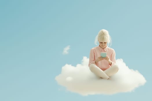 A woman is sitting on a cloud playing with her phone, with a city in the background. space for text