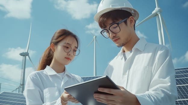 professional engineers, ready to check the maintenance of tablets, install solar panels on the factory roof under sunlight, the team of engineers surveyed and inspected the solar panel roof, the concept of clean energy, save the world