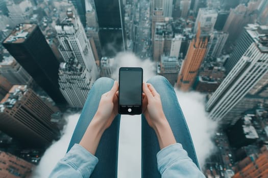 A woman is sitting on a cloud playing with her phone, with a city in the background. space for text