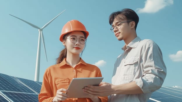 professional engineers, ready to check the maintenance of tablets, install solar panels on the factory roof under sunlight, the team of engineers surveyed and inspected the solar panel roof, the concept of clean energy, save the world