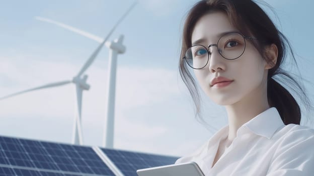 professional engineers, ready to check the maintenance of tablets, install solar panels on the factory roof under sunlight, the team of engineers surveyed and inspected the solar panel roof, the concept of clean energy, save the world