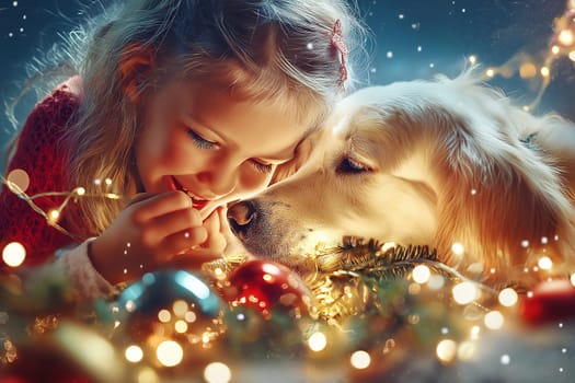Little girl playing with dog, happy on Christmas Day