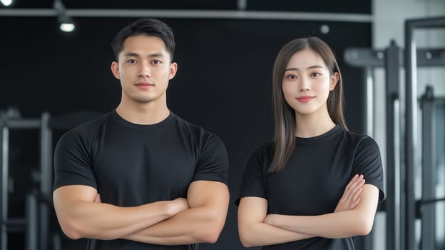 Fitness trainer, young muscular man, two female athletes, isolated on a plain yellow background. Sporty workout concept.