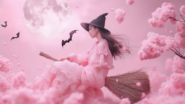 A young woman dressed as a witch is flying in the sky on a broomstick surrounded by flowers