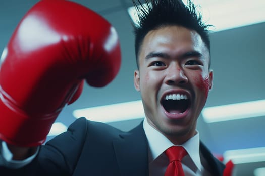 A businessman in boxing gloves with a bruised face from fighting. The idea is to overcome obstacles, not give up, until achieving success.