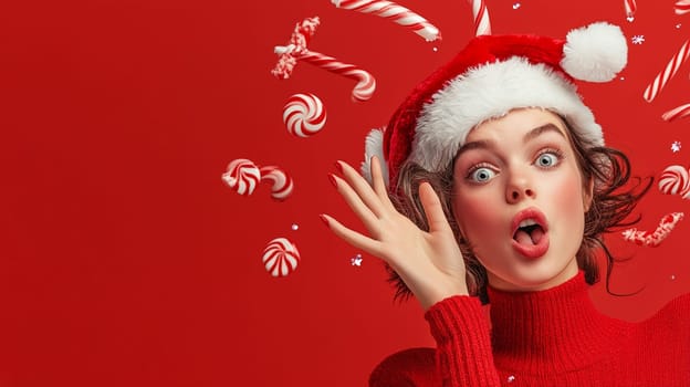 Cute little girl in red sweater and Santa Claus hat with candy canes on red background