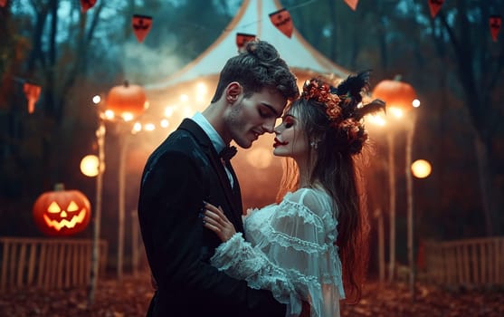 Handsome man and elegant woman in a dress in a classic interior. Halloween party carnival concept.