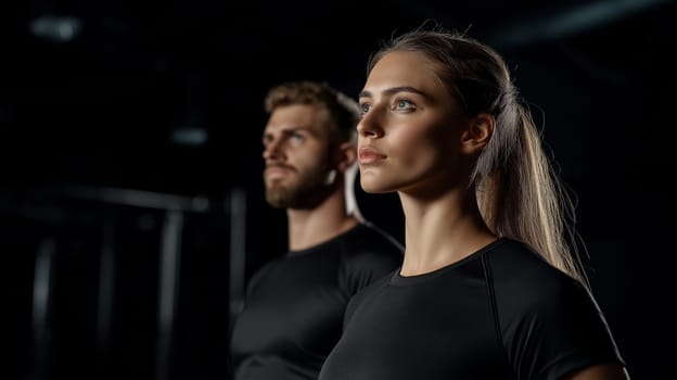 Fitness trainer, young muscular man, two female athletes, isolated on a plain yellow background. Sporty workout concept.