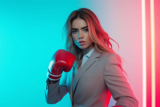 A A businesswoman in boxing gloves with a bruised face from fighting. The idea is to overcome obstacles, not give up, until achieving success.
