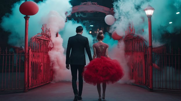 Handsome man and elegant woman in a dress in Inside the classic entrance archway . Halloween party carnival concept.